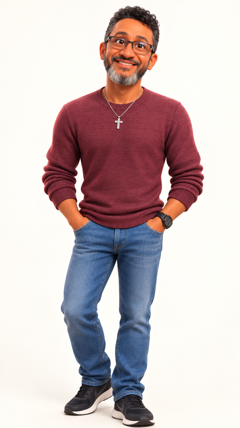 Personagem ilustrado de Deusvaldo de Oliveira, sorrindo, com suéter vinho e calça jeans